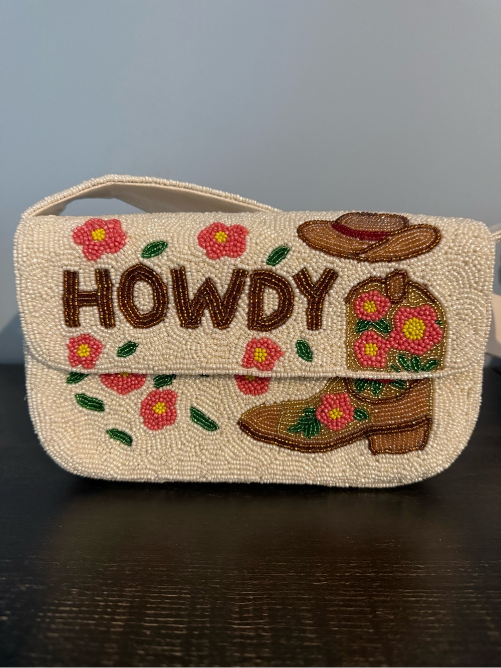 Beaded 'Howdy' Floral Cowboy Boot Clutch - Cream